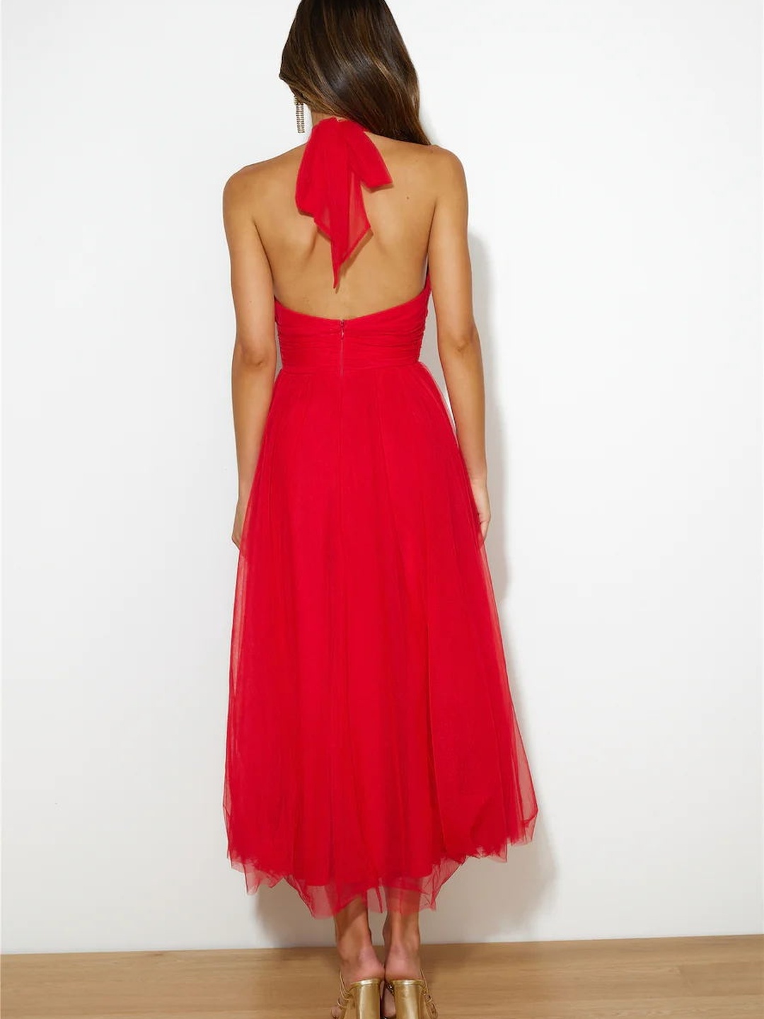 Red Halter Neck Mesh Insert Maxi Dress
