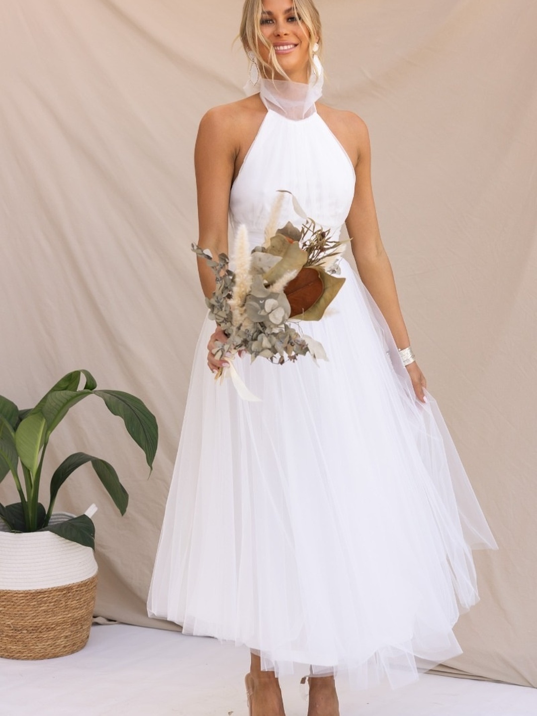 White Halter Neck Mesh Insert Midi Dress