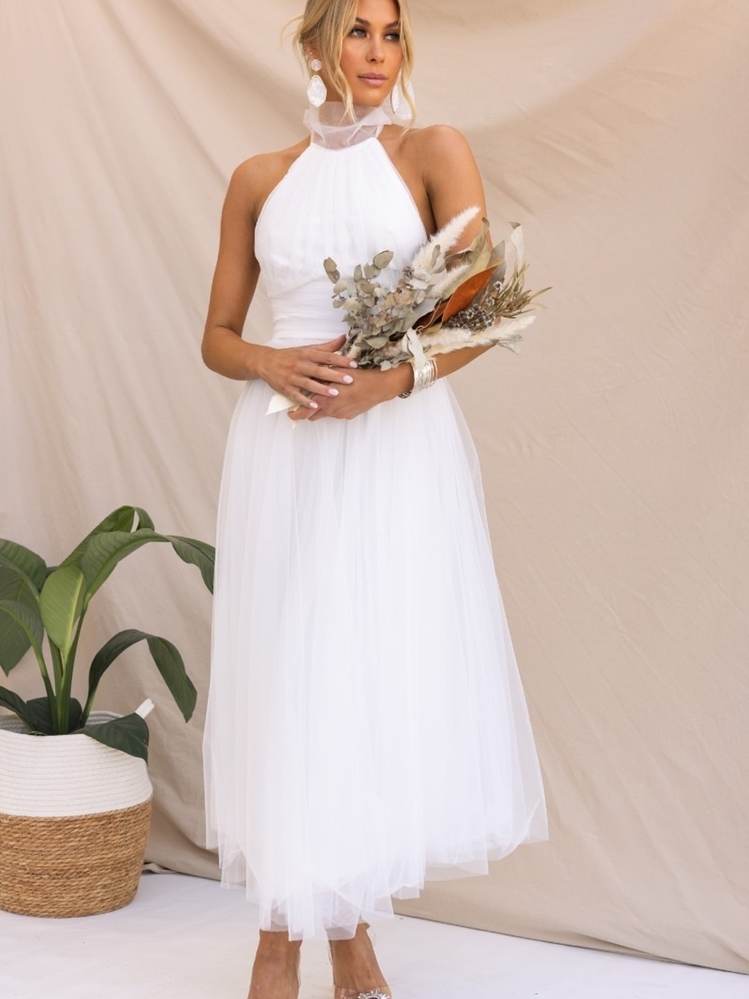 White Halter Neck Mesh Insert Midi Dress