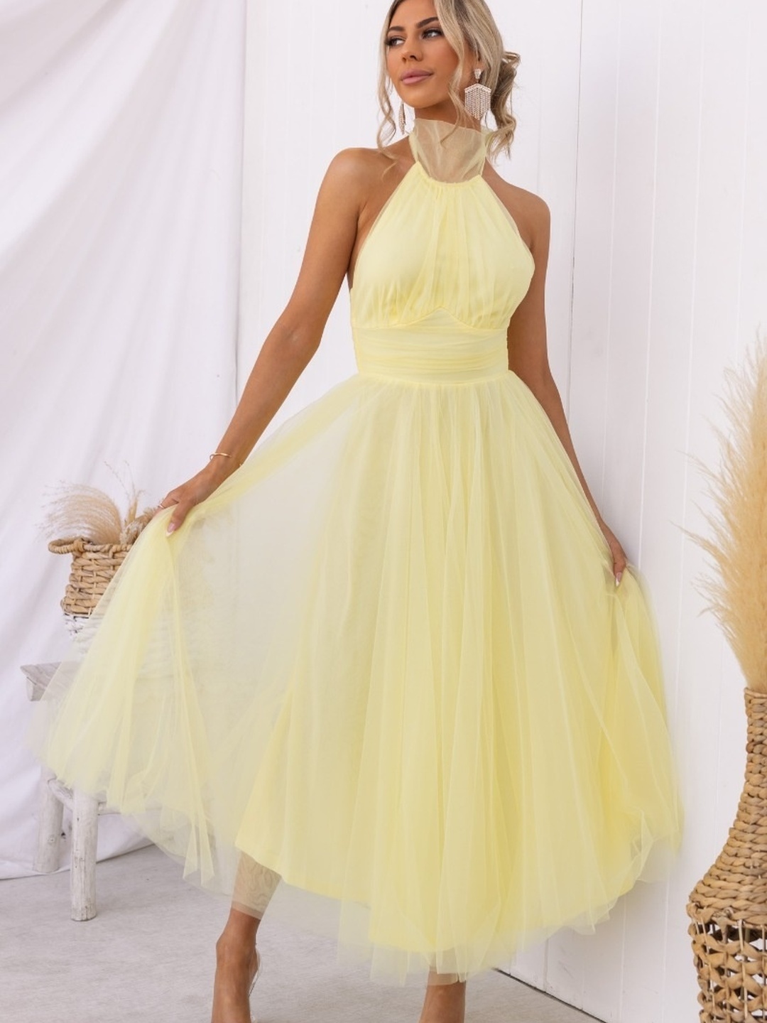 Yellow Solid Halter Neck Fit and Flare Midi Dress