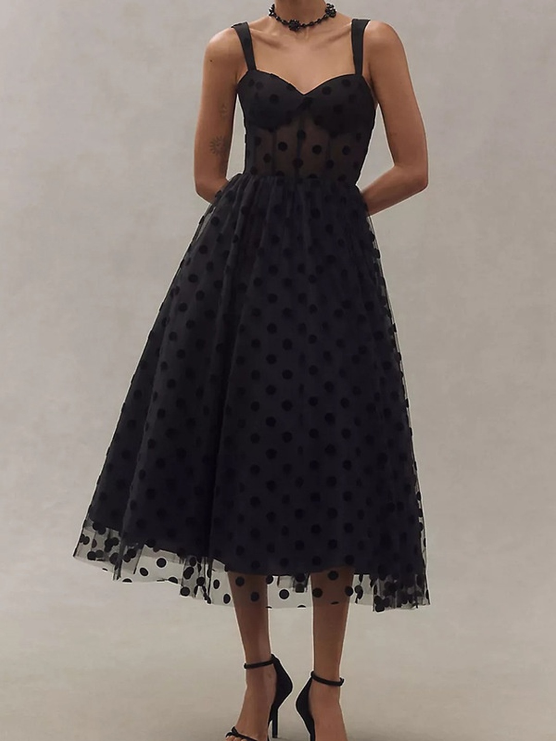 Black Polka Dot Sweetheart Neck A-Line Midi Dress 