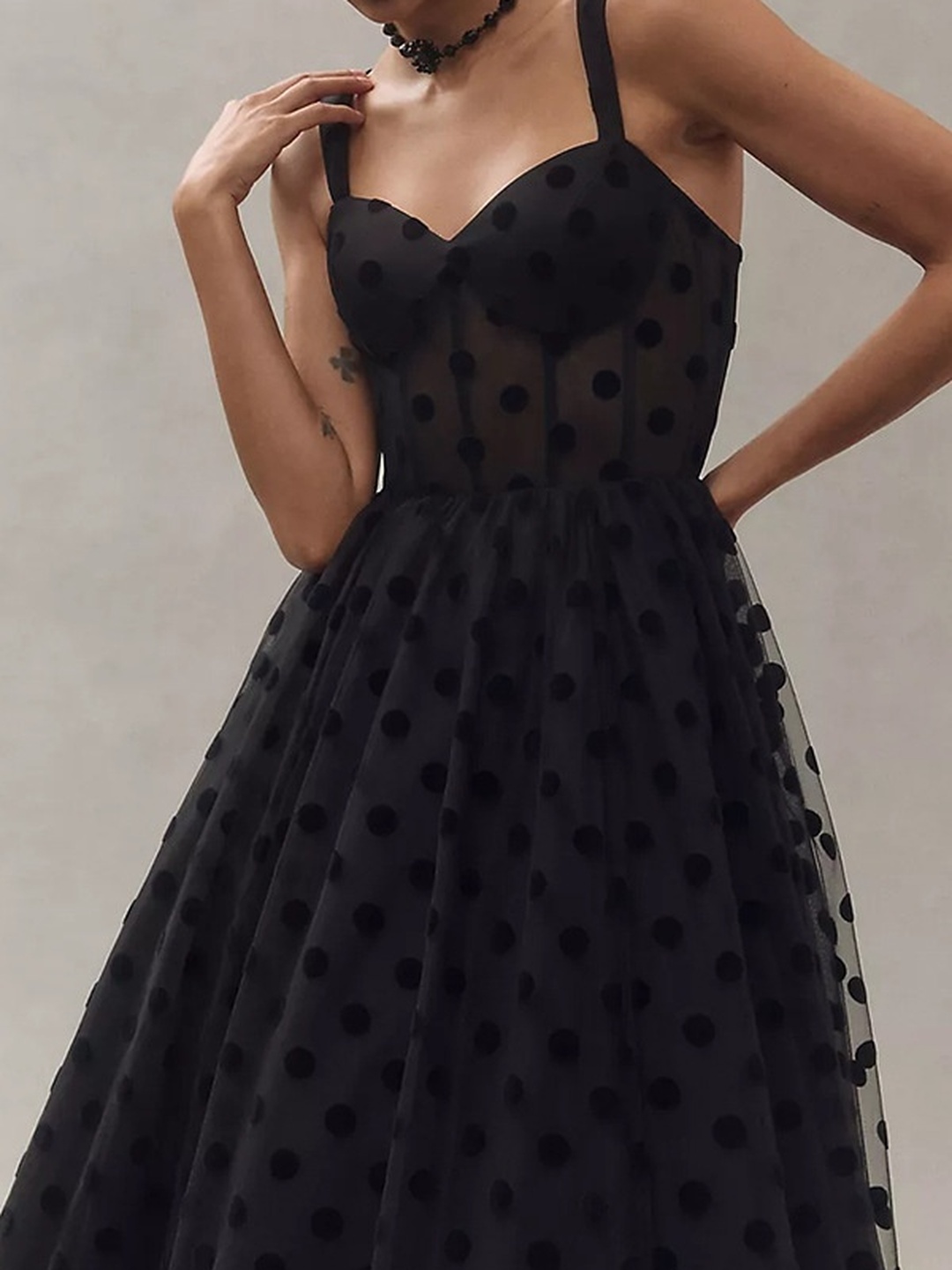 Black Polka Dot Sweetheart Neck A-Line Midi Dress 