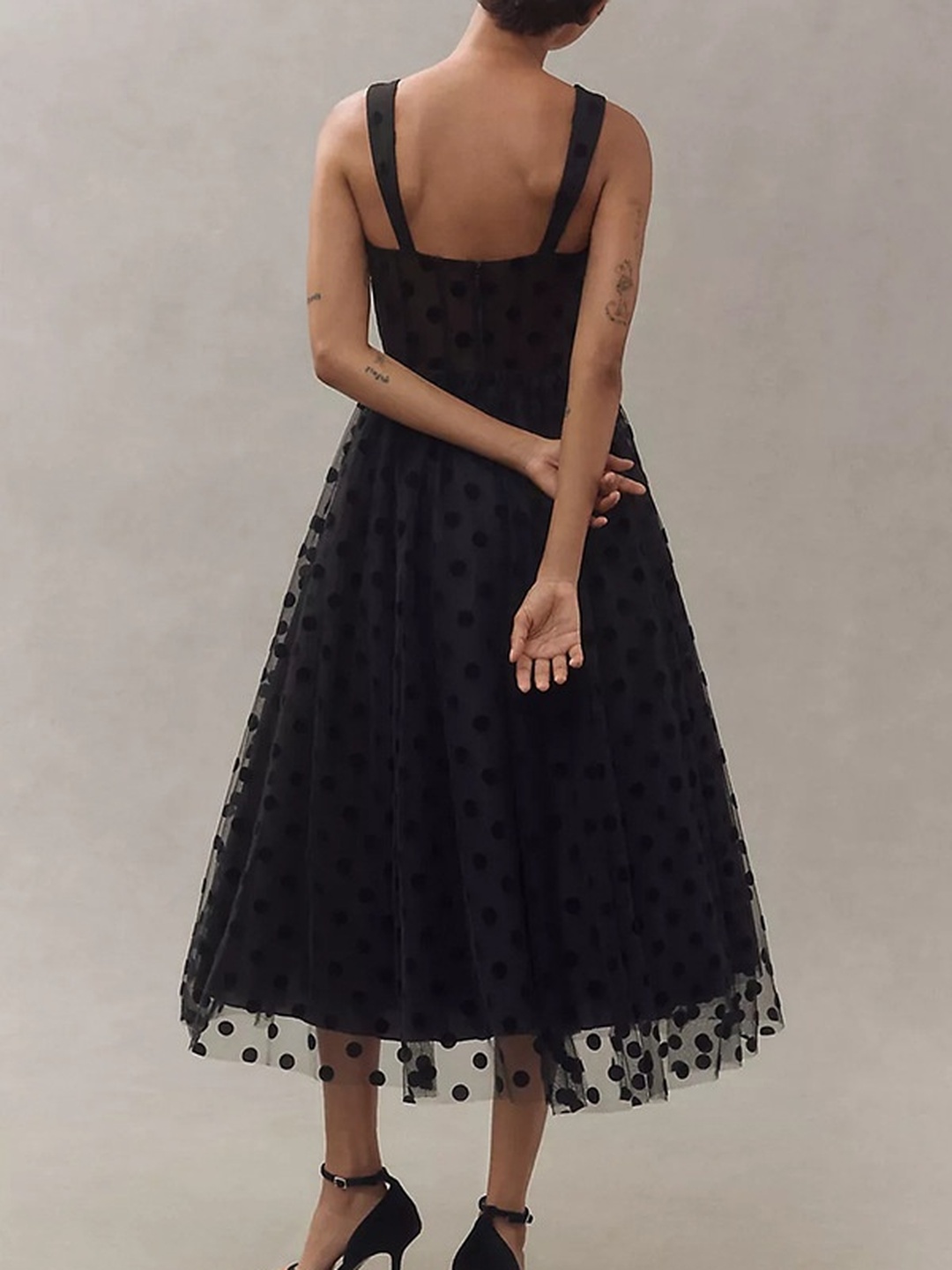 Black Polka Dot Sweetheart Neck A-Line Midi Dress 