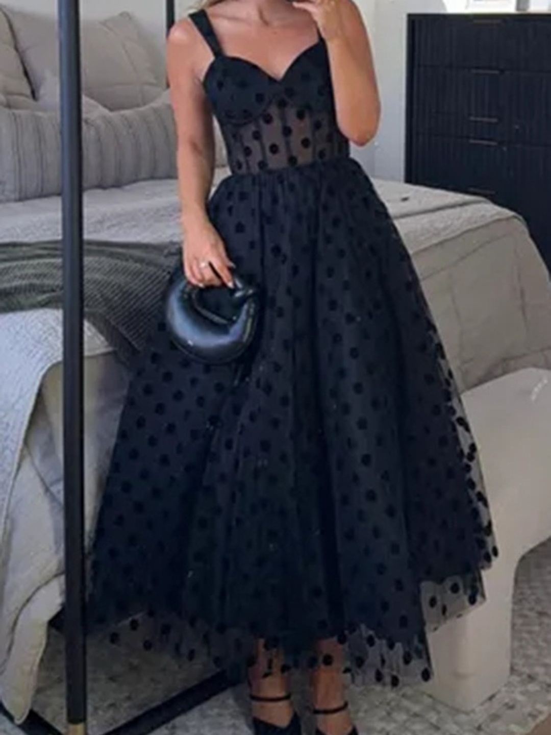 Black Polka Dot Sweetheart Neck A-Line Midi Dress 