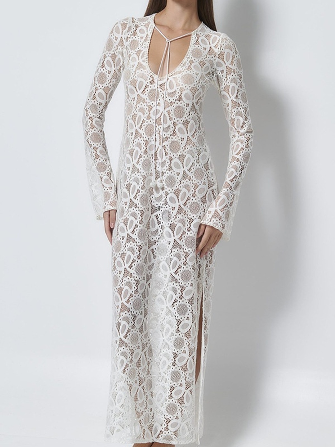White Long Sleeve Sheath Maxi Dress with Slit