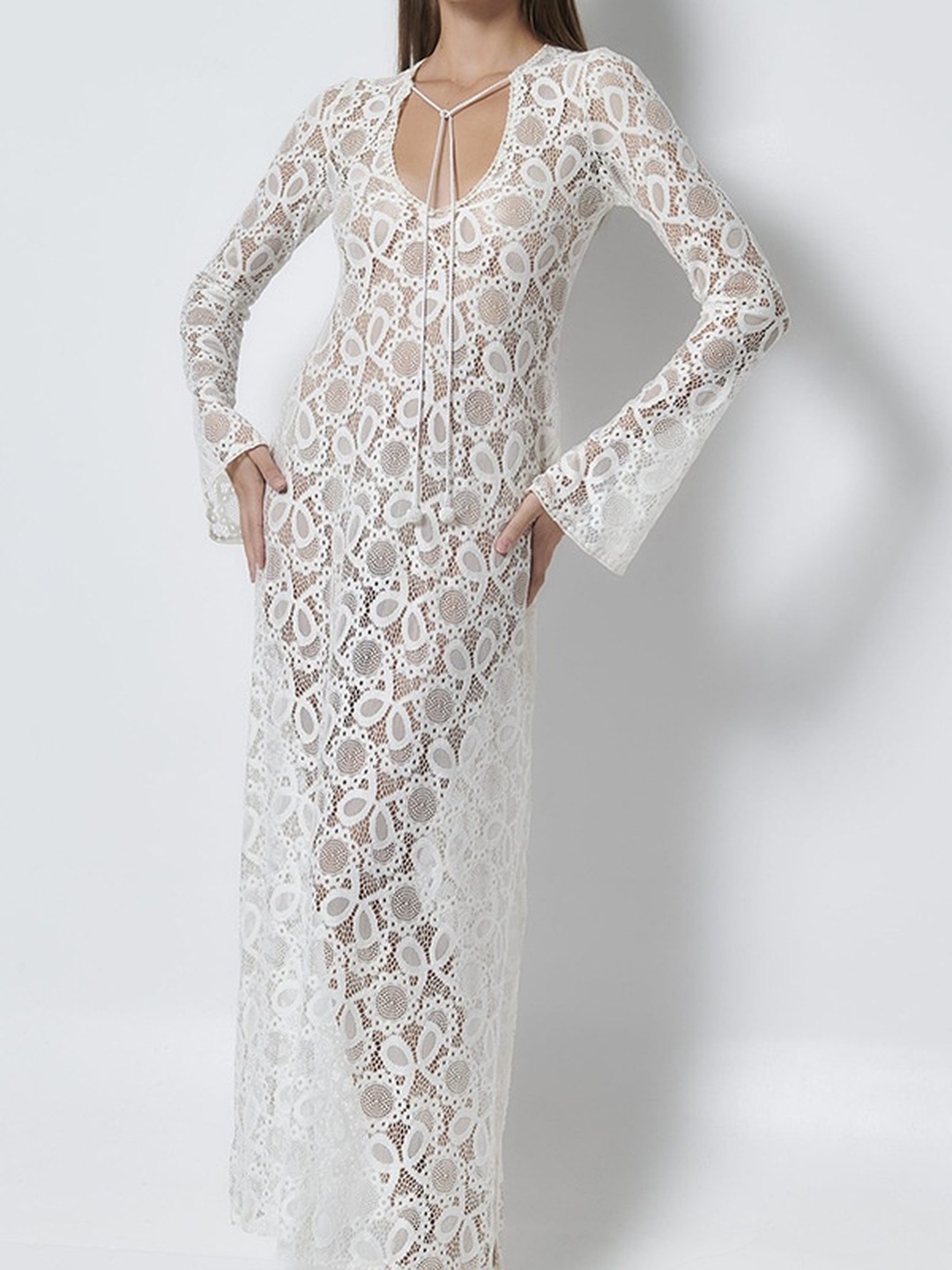 White Long Sleeve Sheath Maxi Dress with Slit
