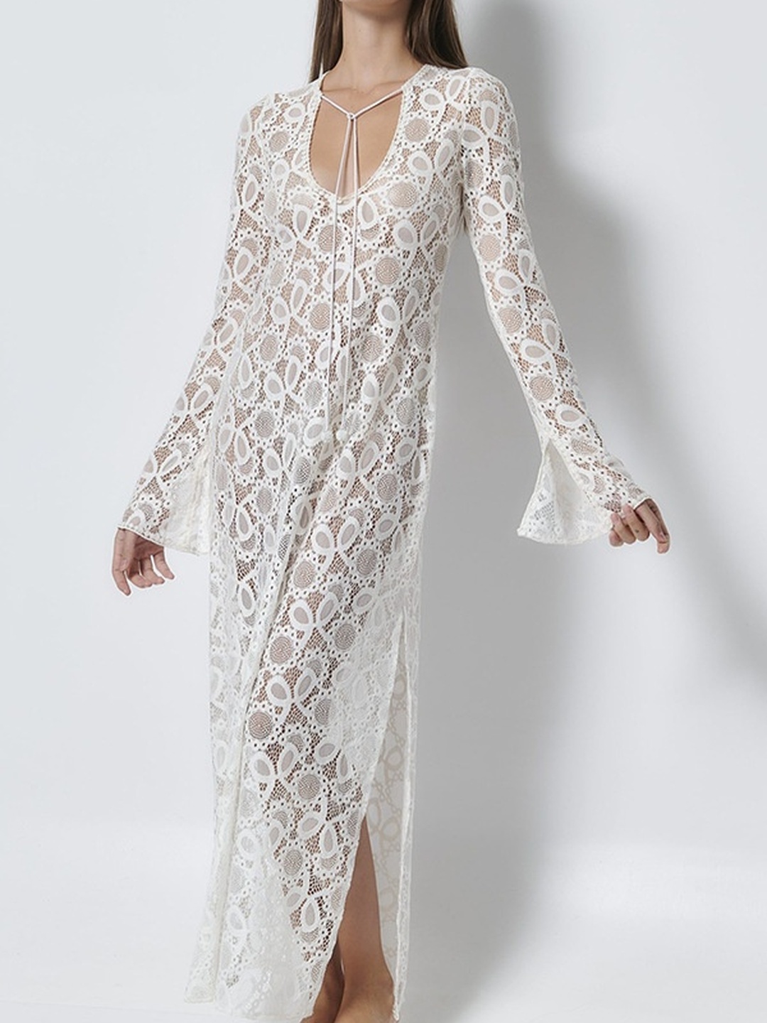 White Long Sleeve Sheath Maxi Dress with Slit