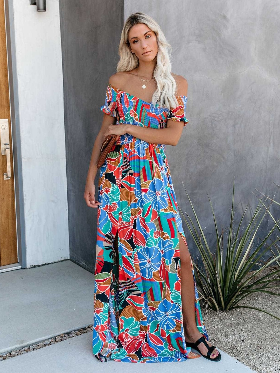 Tropical Print Off-Shoulder A-Line Maxi Dress