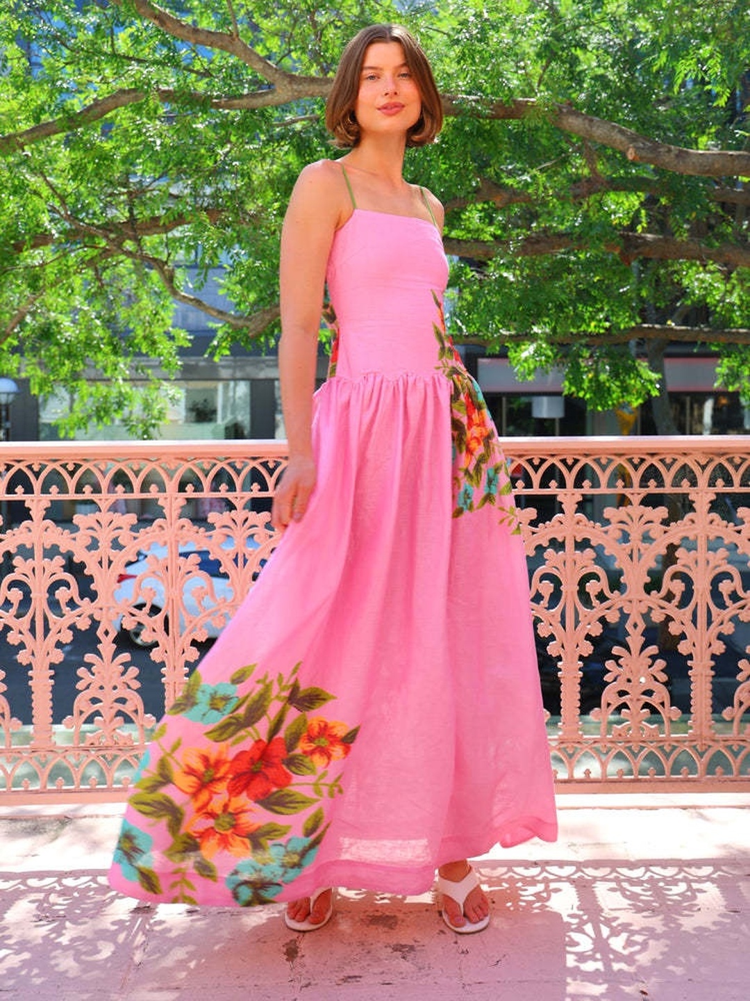 Pink Strappy Floral A-Line Maxi Dress