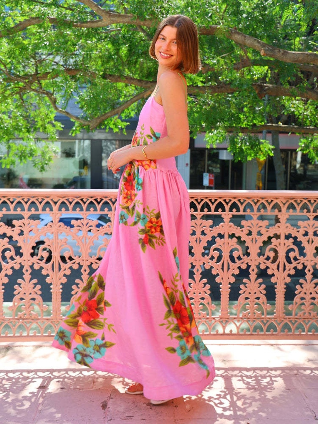 Pink Strappy Floral A-Line Maxi Dress