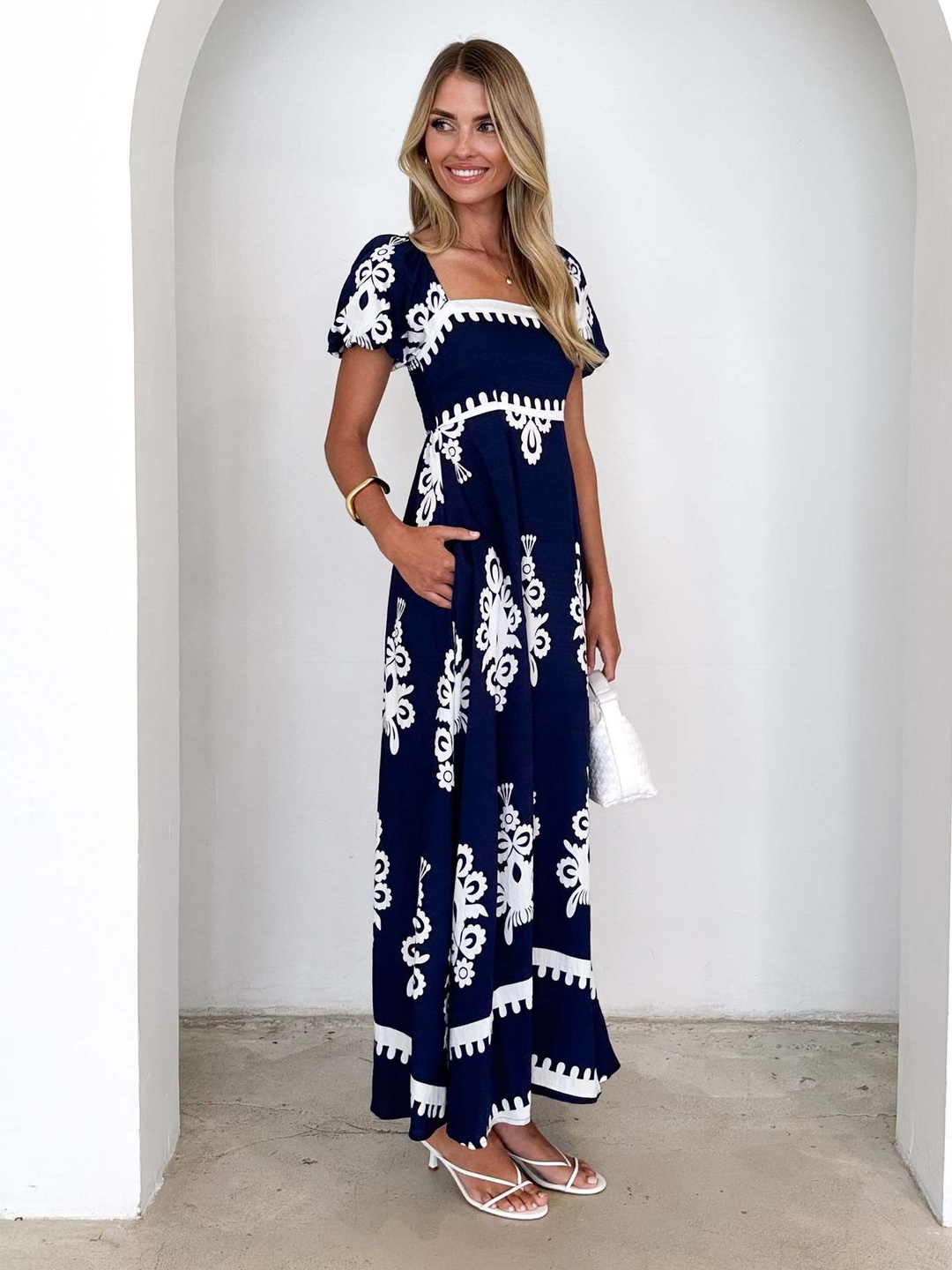 Navy Blue Square Neck Pocketed Maxi Dress