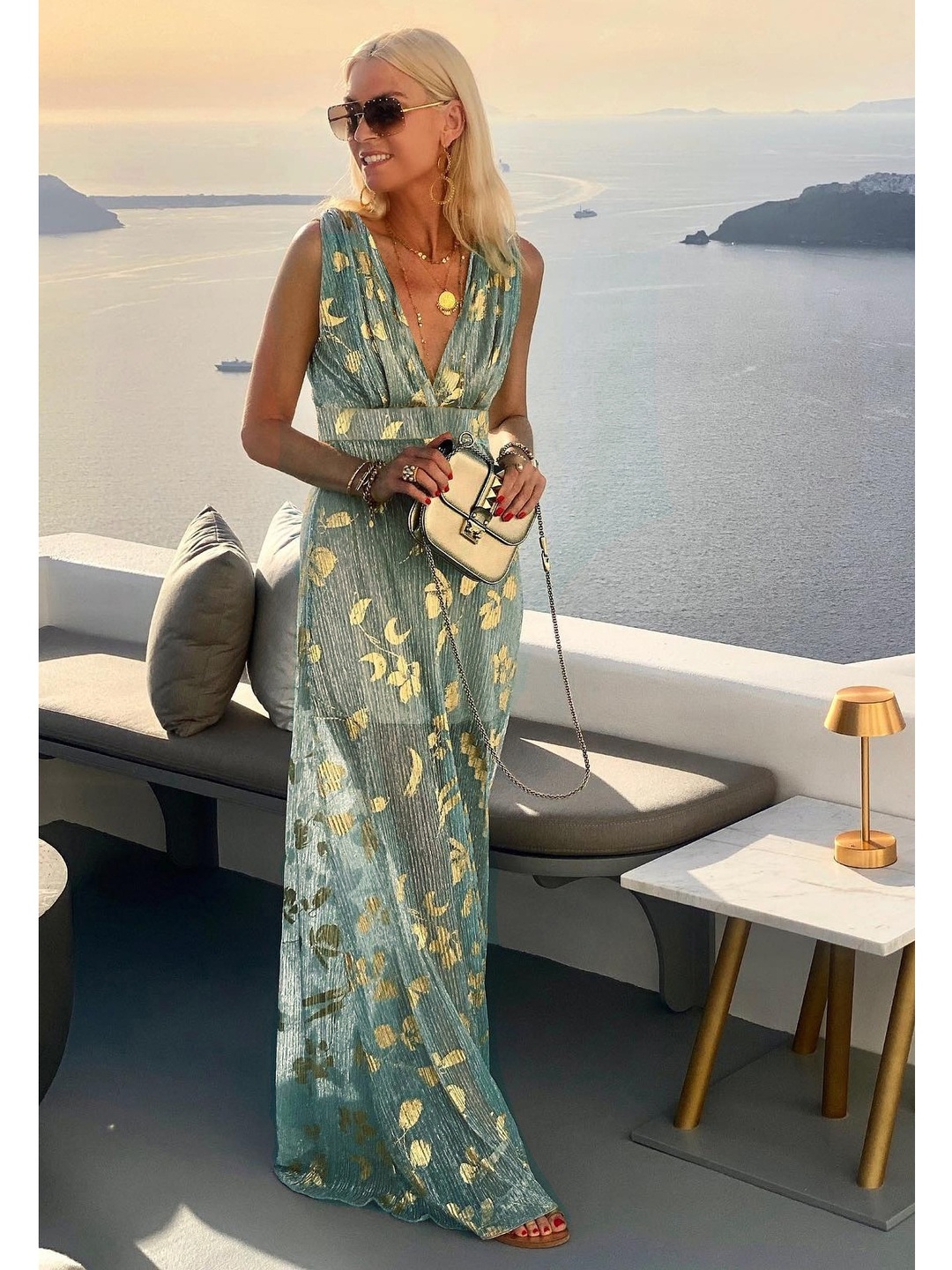 Teal Foil Print Sleeveless Maxi Dress