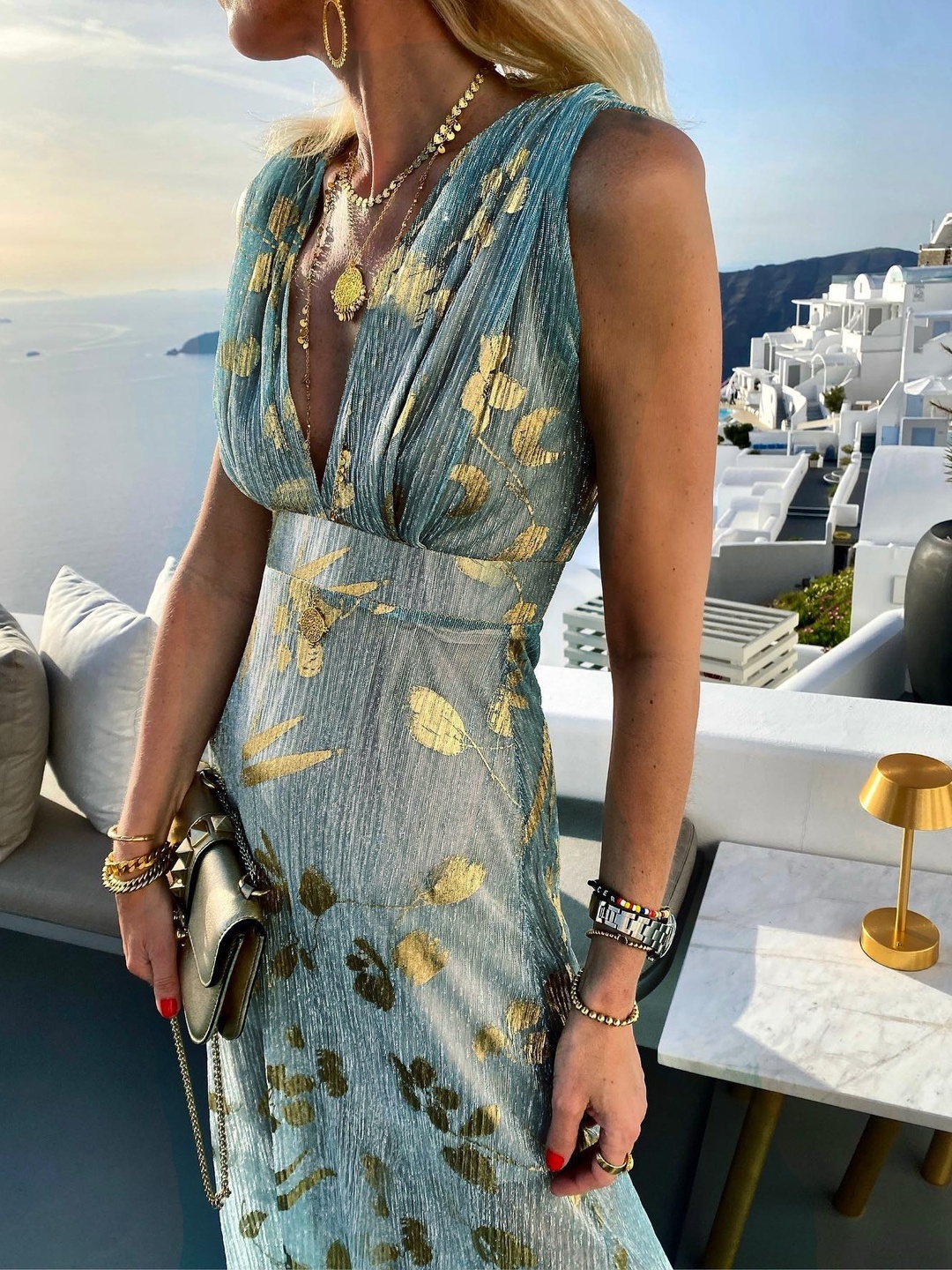 Teal Foil Print Sleeveless Maxi Dress