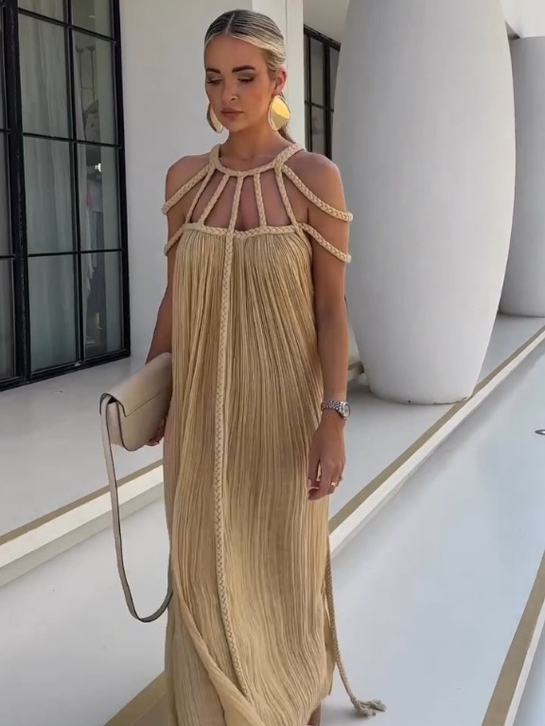 Brown Braided Strap Textured Maxi Dress