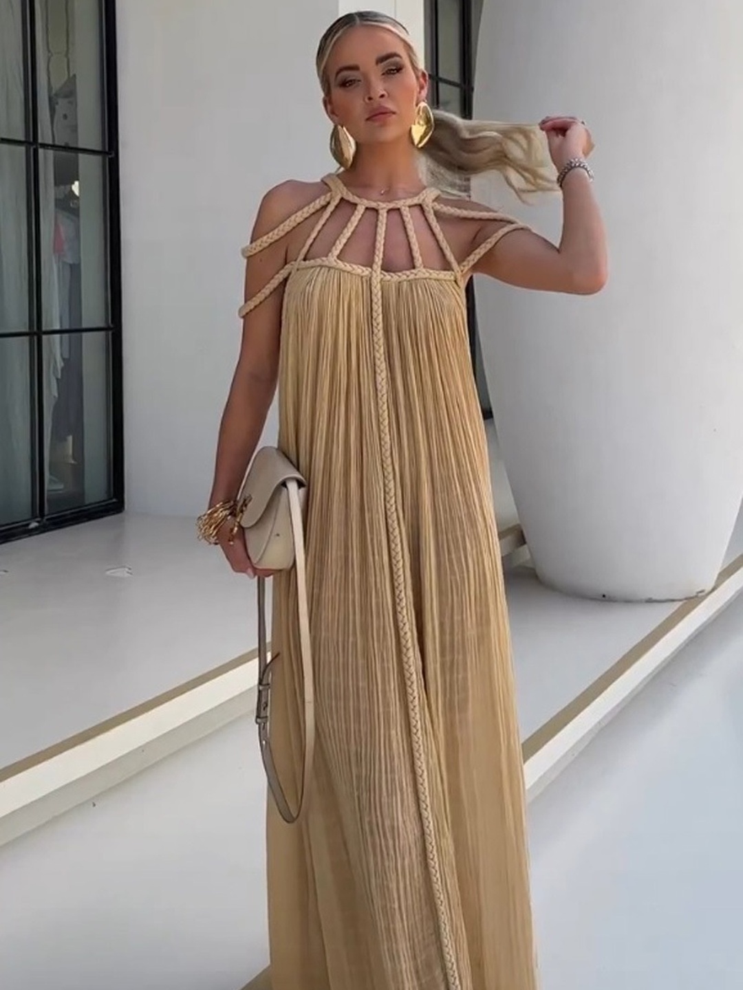 Brown Braided Strap Textured Maxi Dress