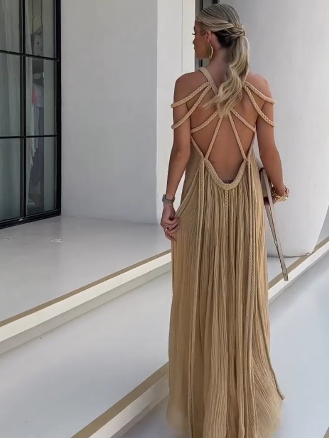 Brown Braided Strap Textured Maxi Dress