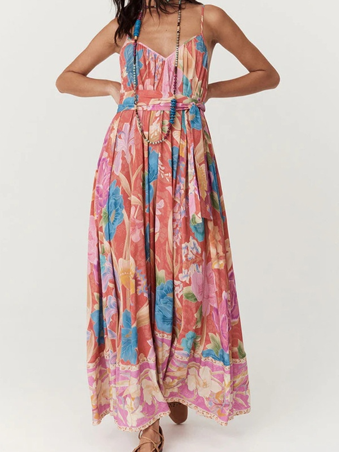 Pink Floral Print Tie-Waist Maxi Dress