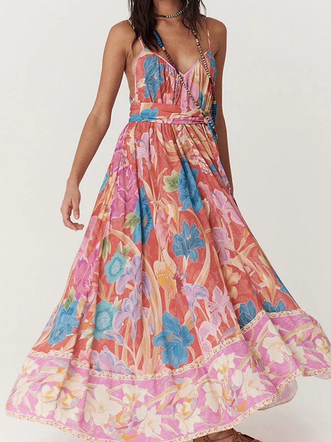 Pink Floral Print Tie-Waist Maxi Dress