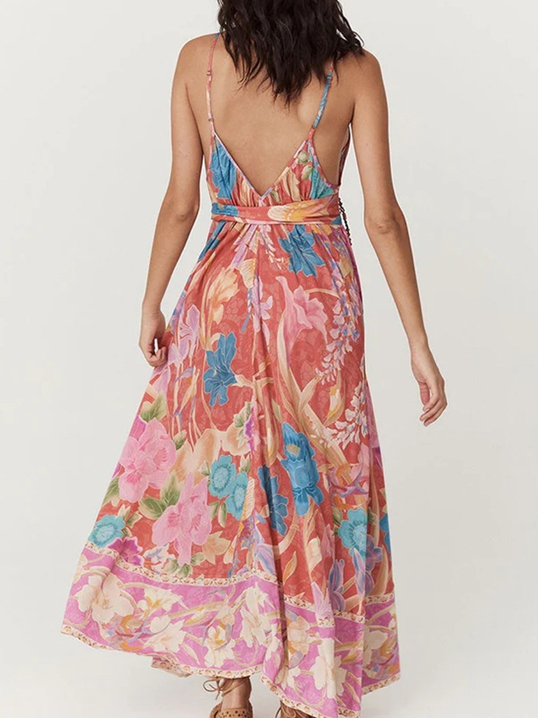 Pink Floral Print Tie-Waist Maxi Dress