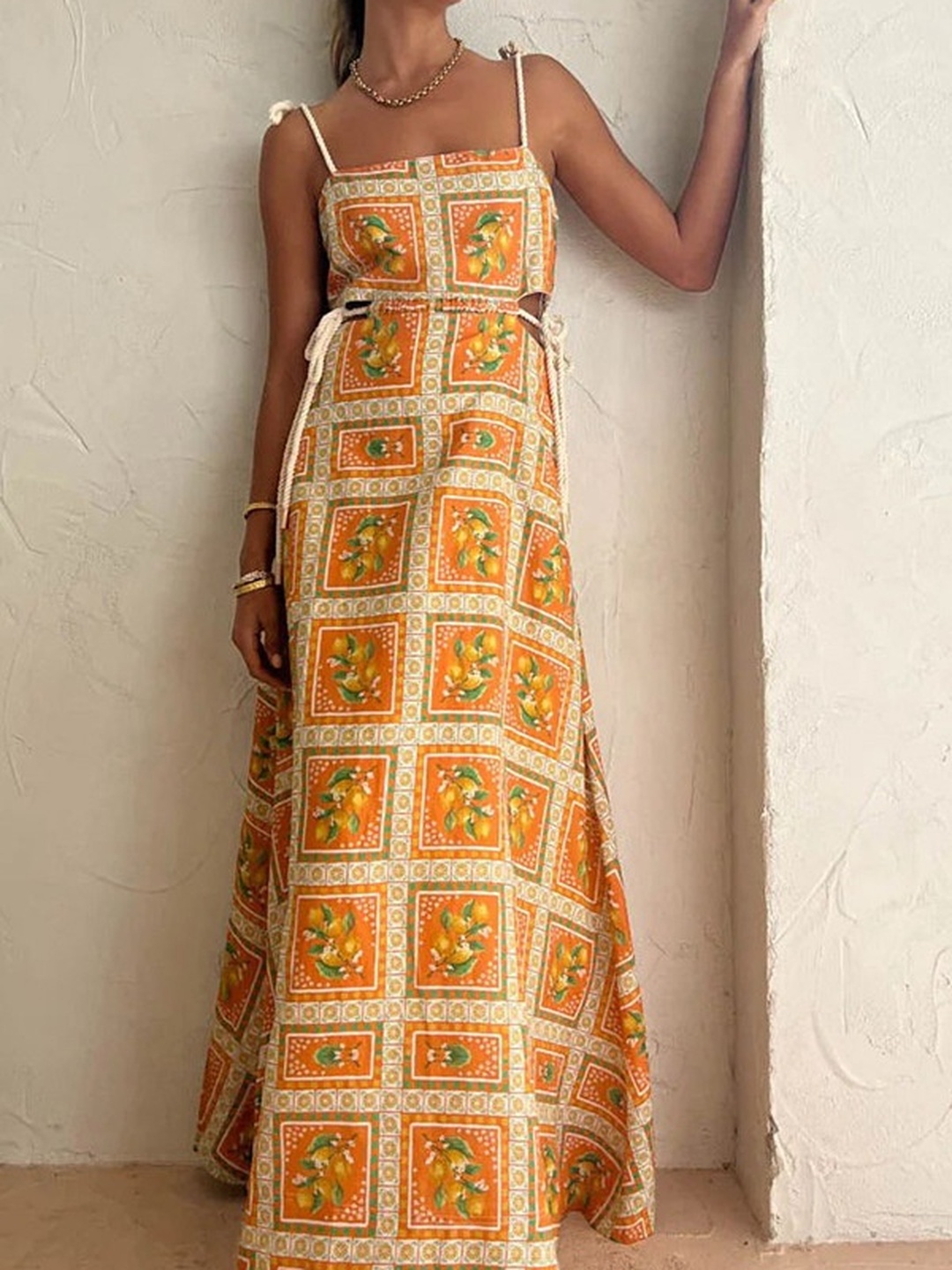 Orange Drawstring Strap A-Line Maxi Dress