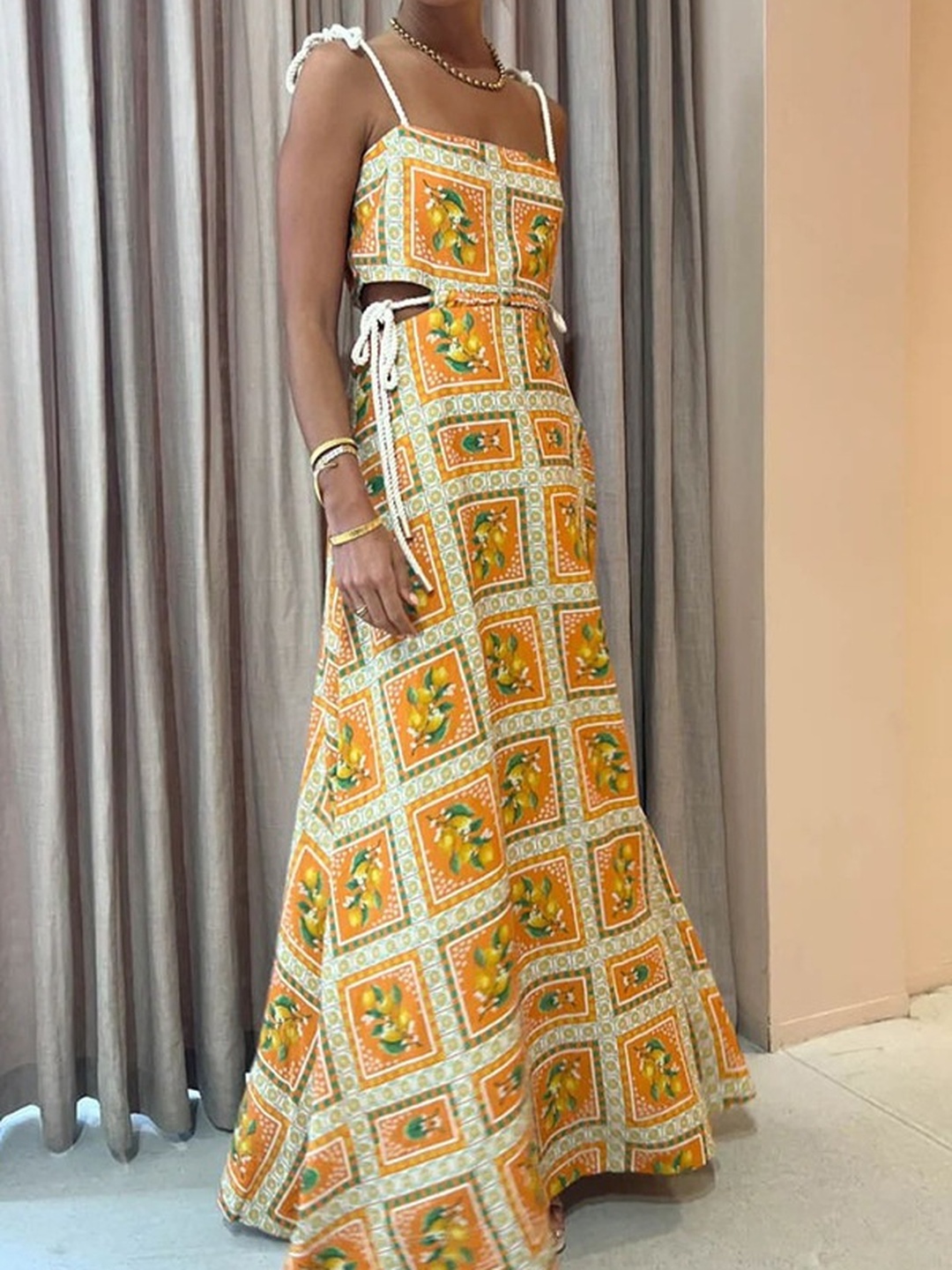 Orange Drawstring Strap A-Line Maxi Dress