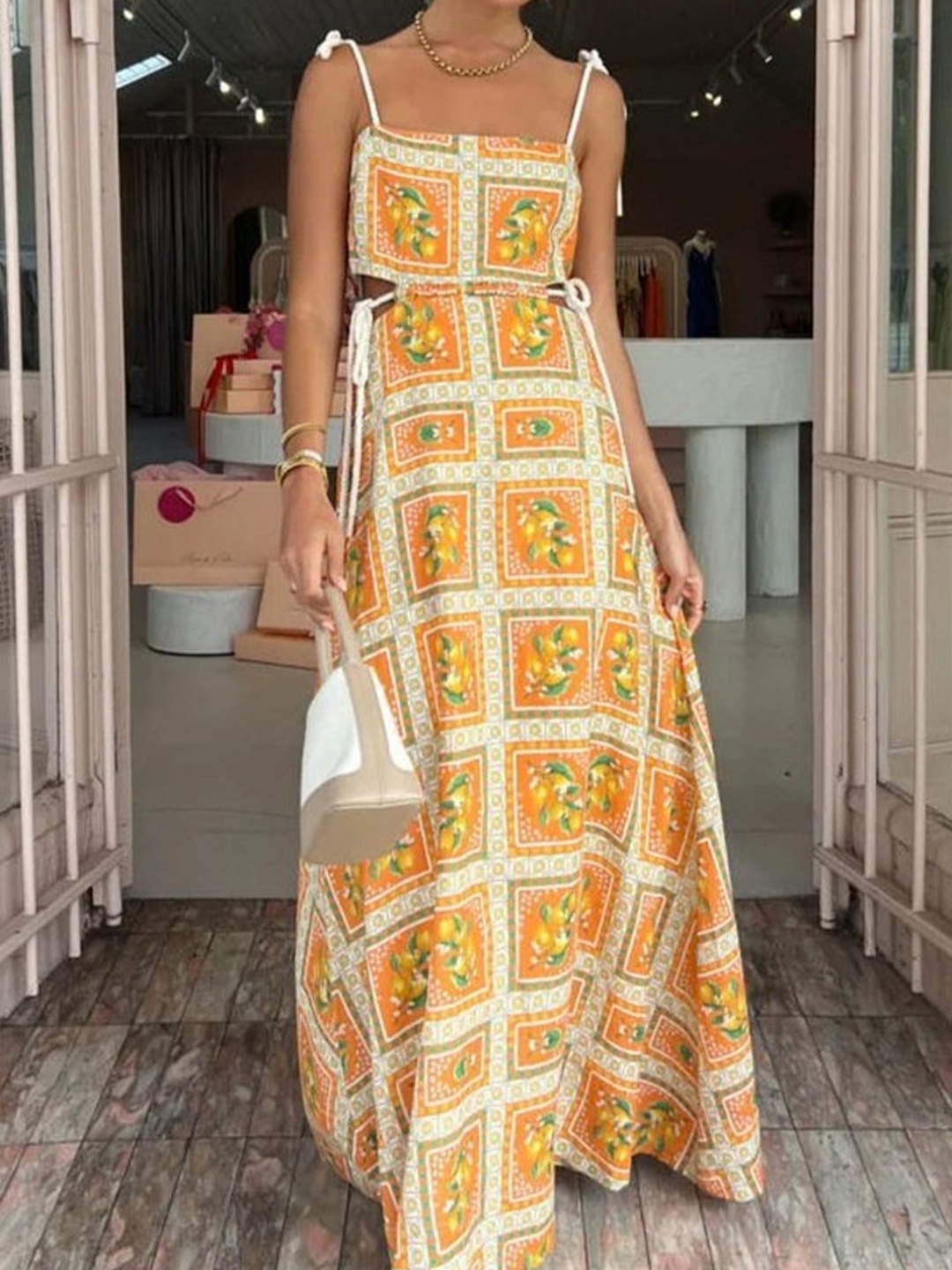 Orange Drawstring Strap A-Line Maxi Dress