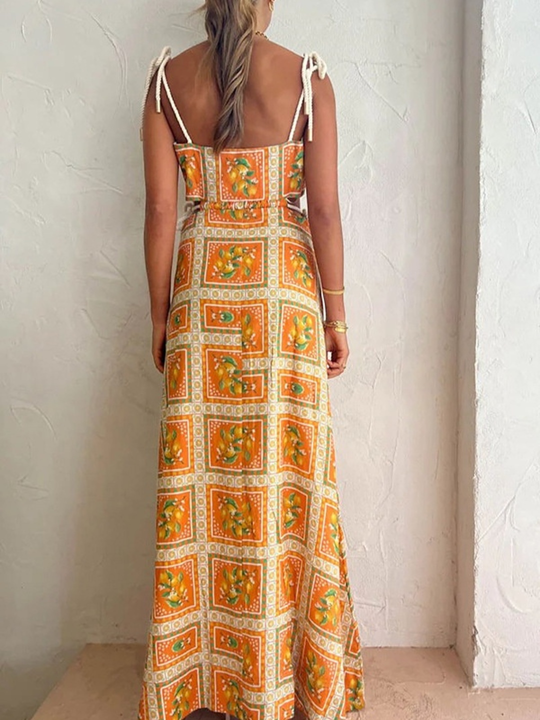Orange Drawstring Strap A-Line Maxi Dress