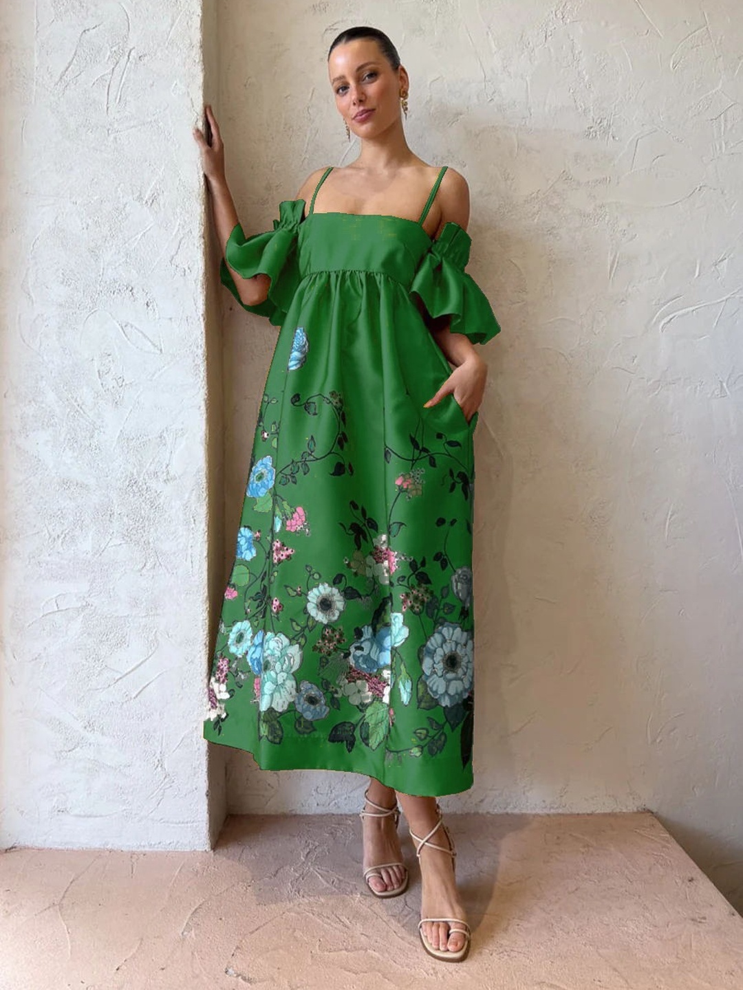 Green Floral Cold-Shoulder Ruffled Sleeve Maxi Dress