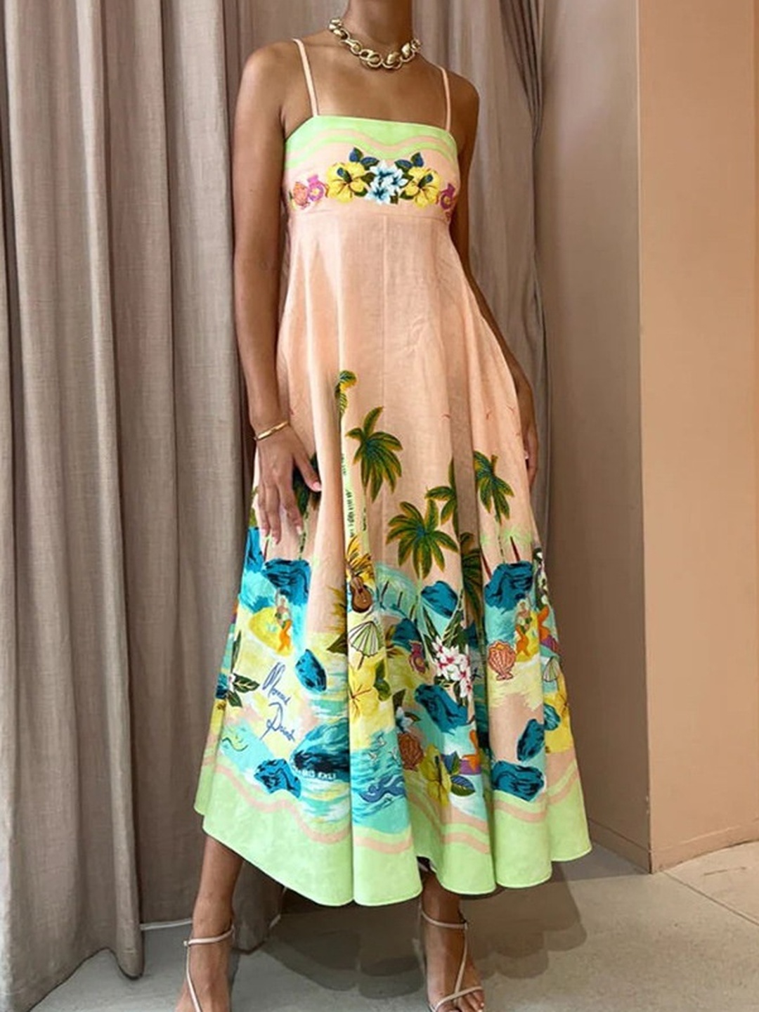 Tropical Print Strappy A-Line Midi Dress