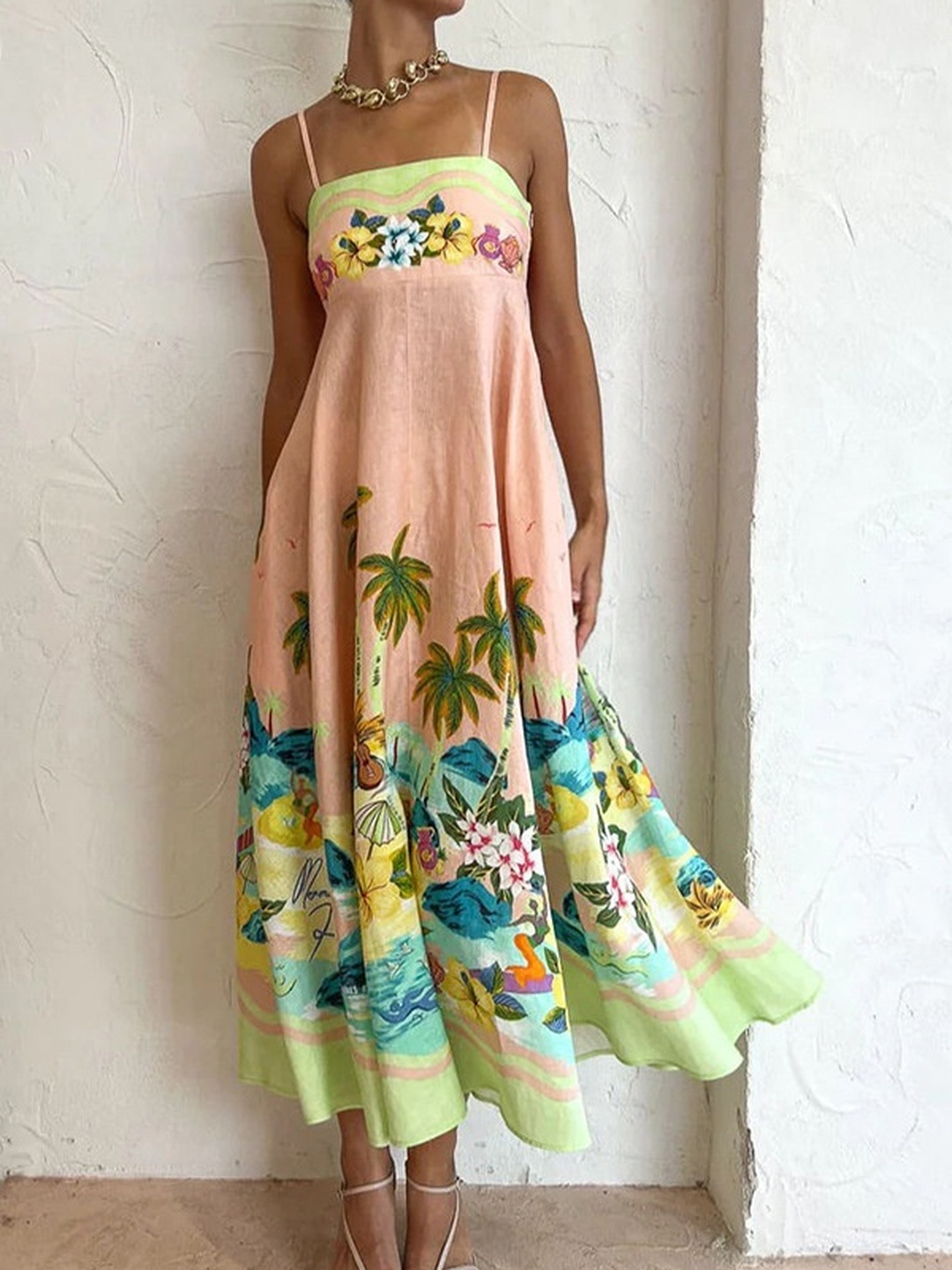 Tropical Print Strappy A-Line Midi Dress