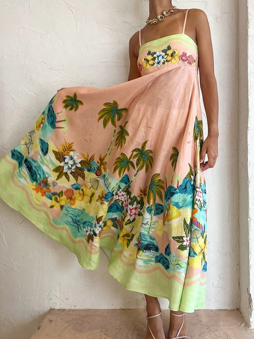 Tropical Print Strappy A-Line Midi Dress