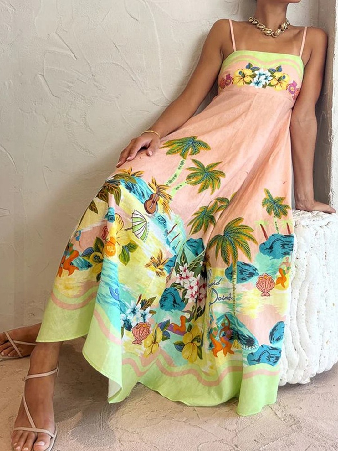 Tropical Print Strappy A-Line Midi Dress