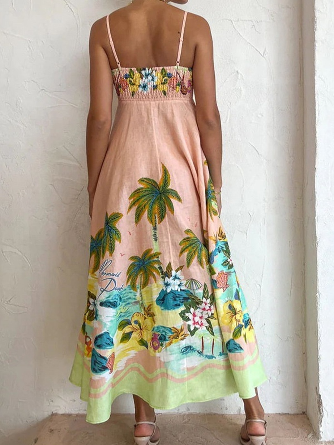 Tropical Print Strappy A-Line Midi Dress