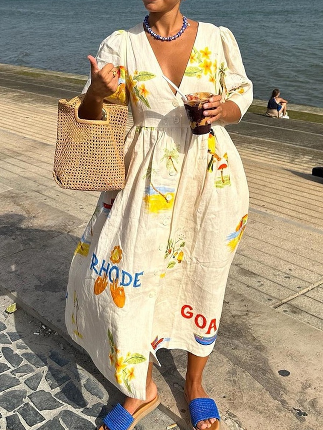 Cream Graphic Print Puff Sleeve Maxi Dress