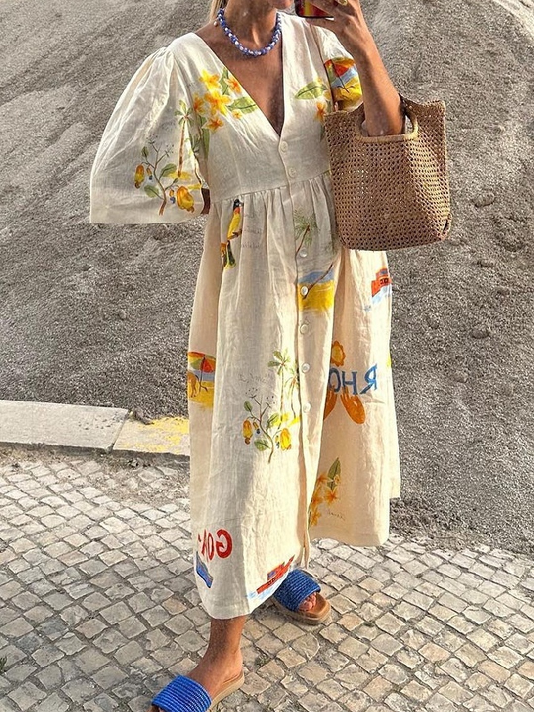 Cream Graphic Print Puff Sleeve Maxi Dress