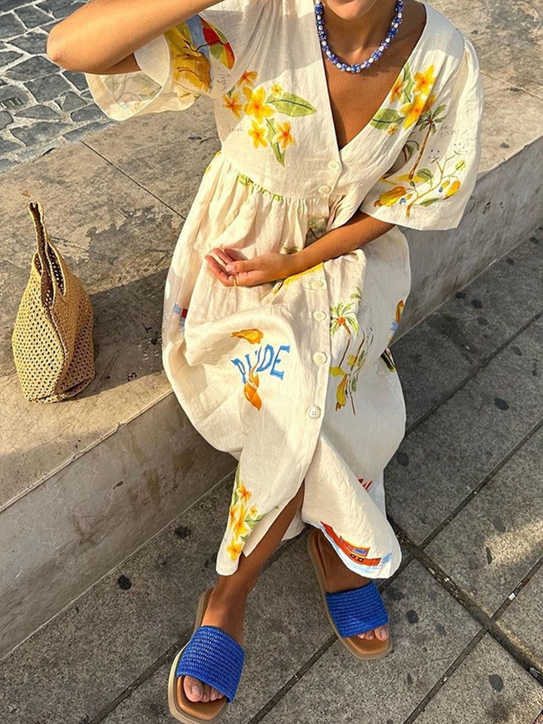 Cream Graphic Print Puff Sleeve Maxi Dress