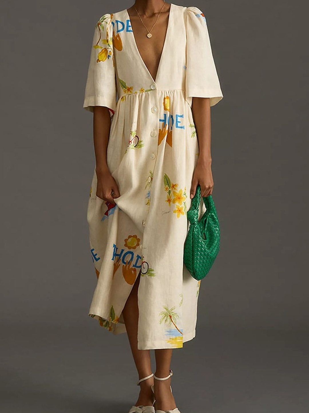 Cream Graphic Print Puff Sleeve Maxi Dress