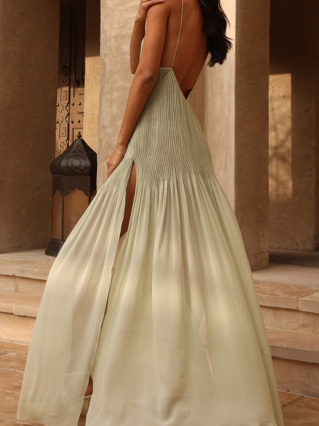 Green Strappy Plisse Maxi Dress