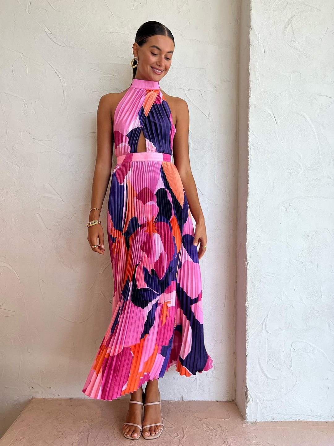 Pink Halted Neck Pleated A-Line Maxi Dress