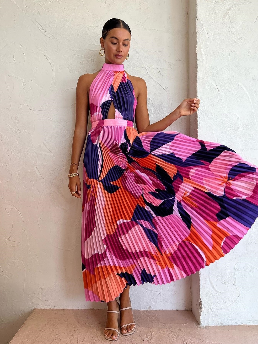 Pink Halted Neck Pleated A-Line Maxi Dress