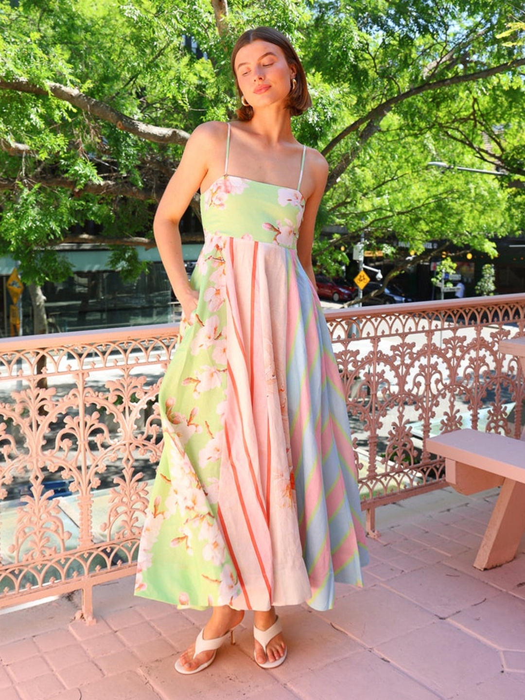 Pastel Floral Striped Print A-Line Maxi Dress