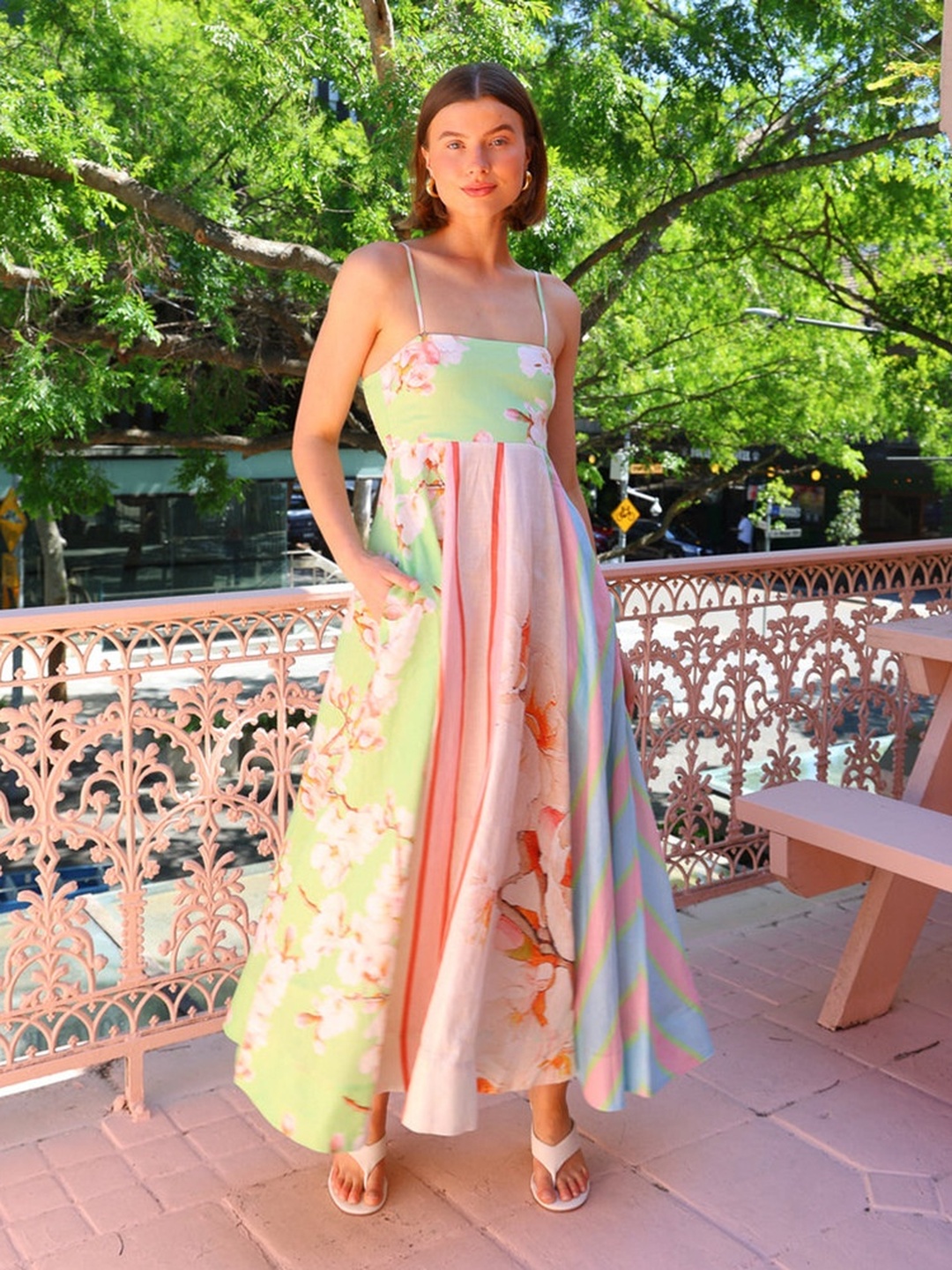 Pastel Floral Striped Print A-Line Maxi Dress