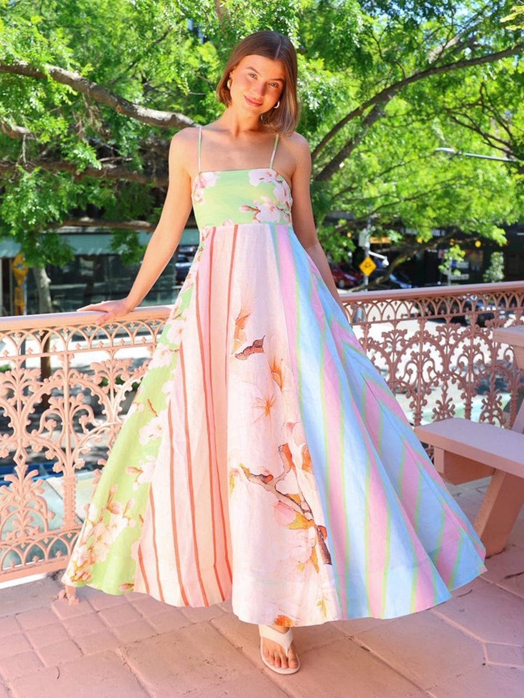 Pastel Floral Striped Print A-Line Maxi Dress
