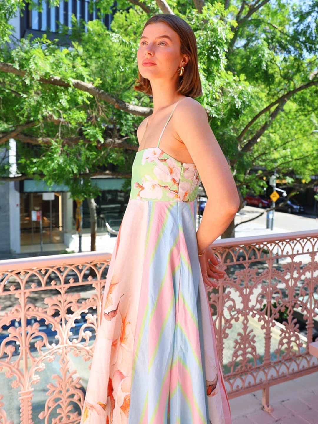 Pastel Floral Striped Print A-Line Maxi Dress