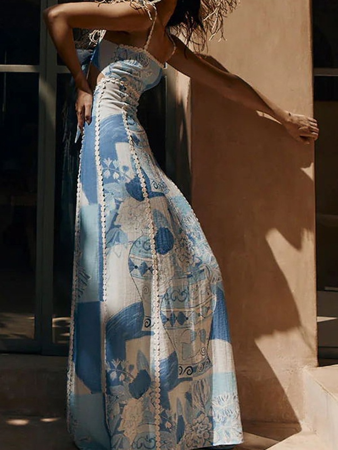 Blue Ric-Rac Trim Patchwork Print Maxi Dress