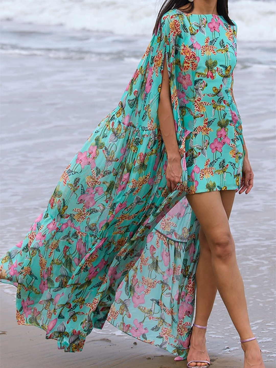 Green Tropical Print Cape Maxi Dress