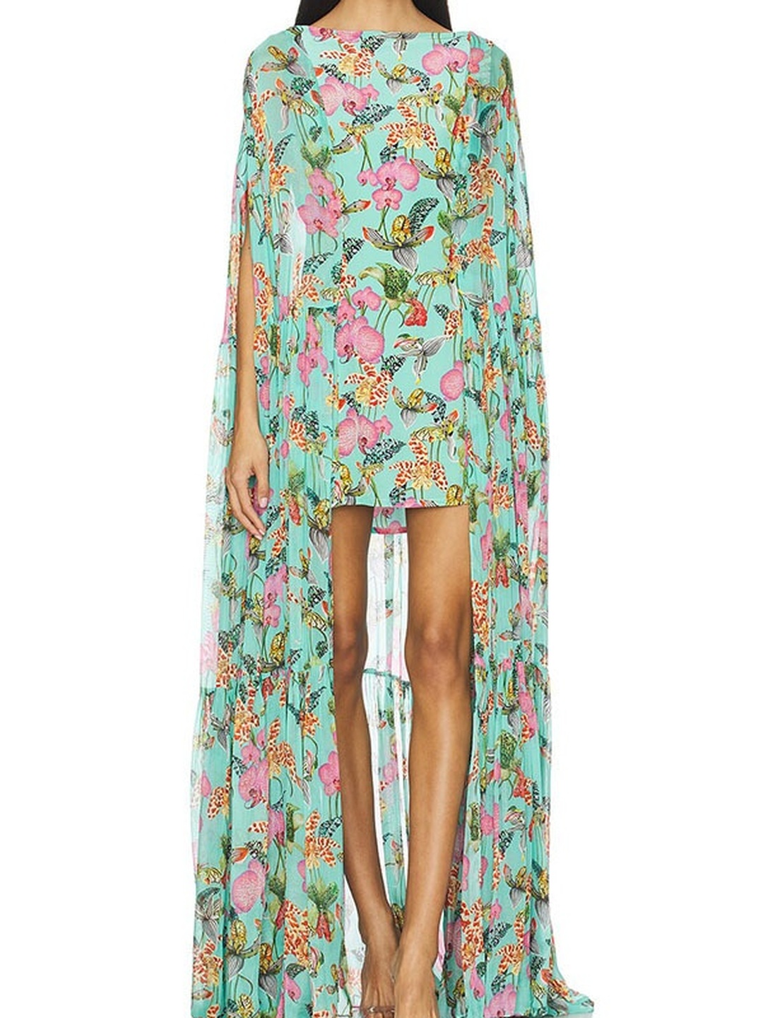 Green Tropical Print Cape Maxi Dress
