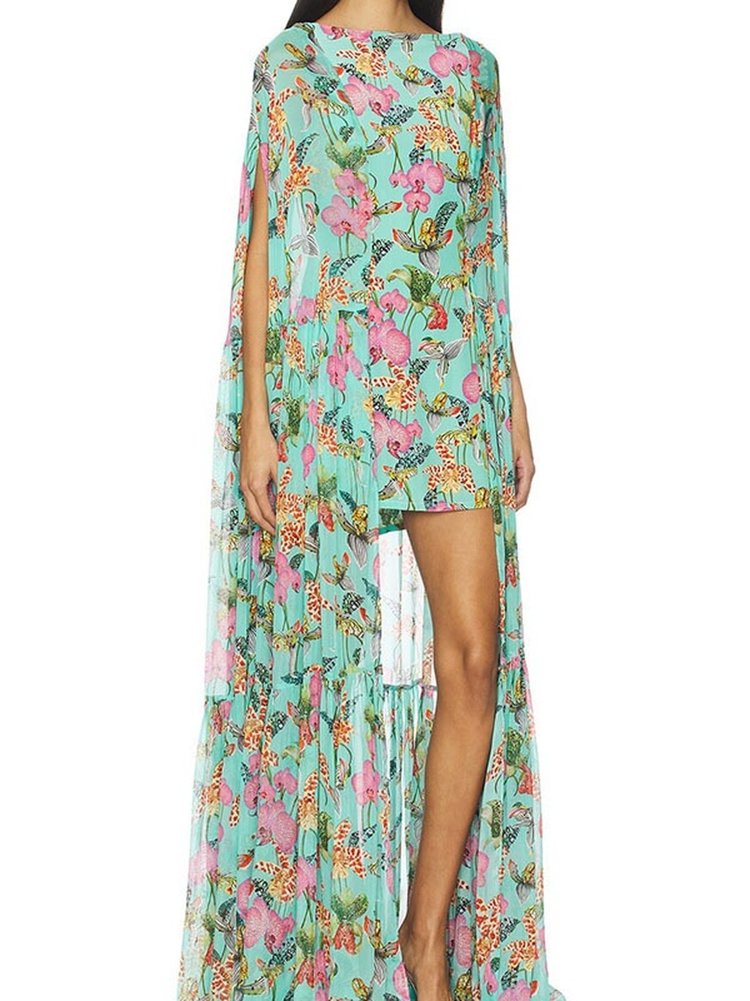 Green Tropical Print Cape Maxi Dress