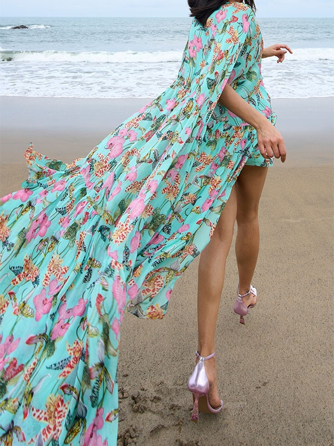 Green Tropical Print Cape Maxi Dress