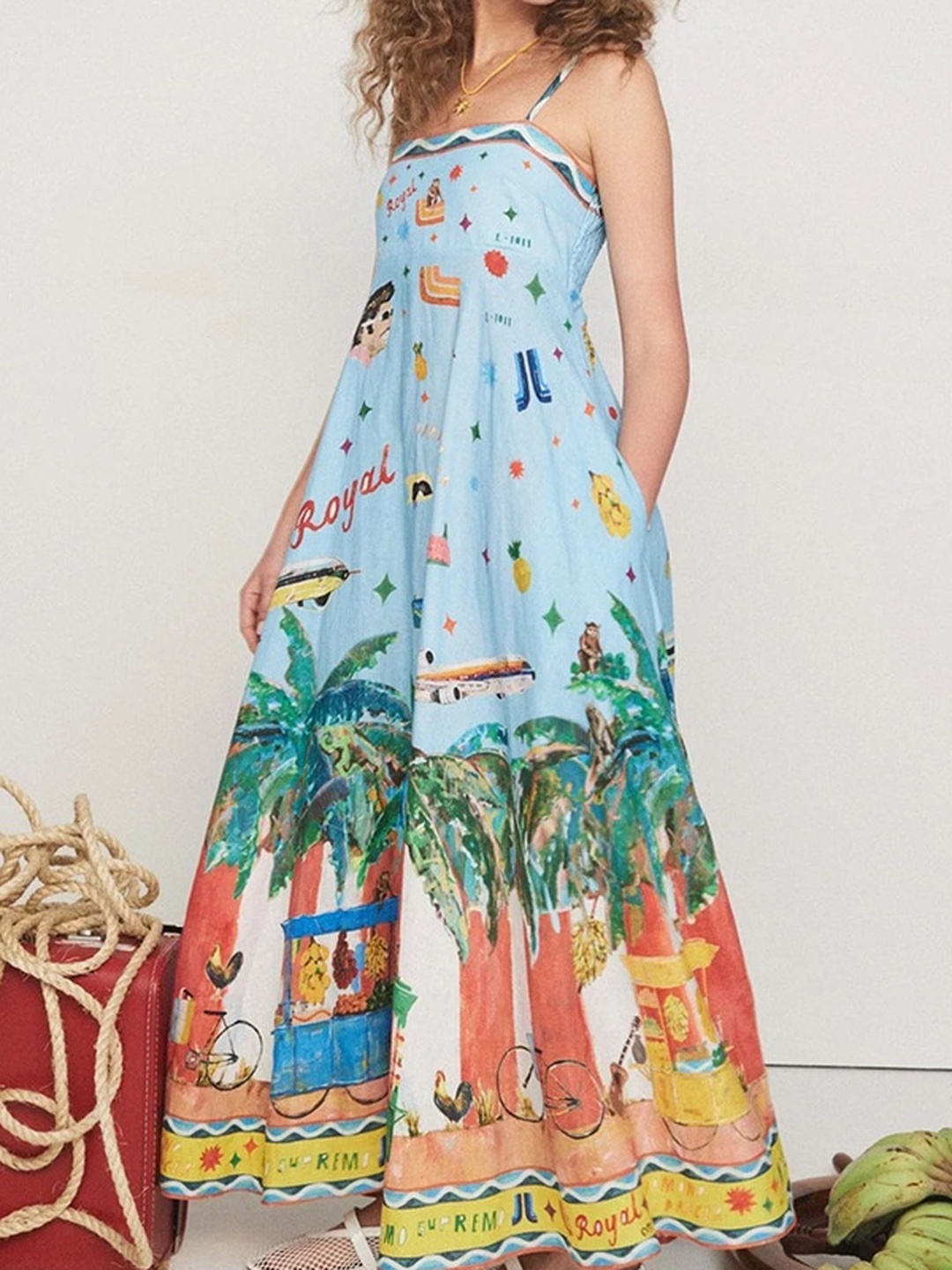 Blue Strappy Graphic Print Maxi Dress